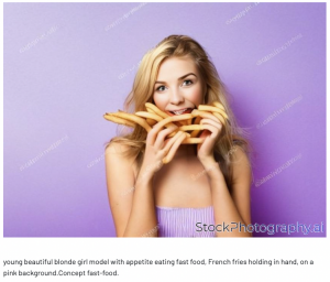 AI generated image of a young woman eating fries.