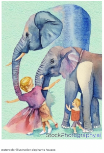 AI generated watercolor painting of Elephants and children.