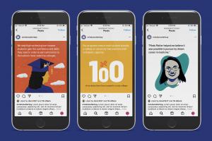 Image of three social media posts that feature flat, contemporary illustrations of people and objects.