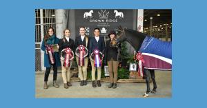 An image of five women, dressed in show uniforms, posing with champion pony Crown Ridge Indiana Joves.