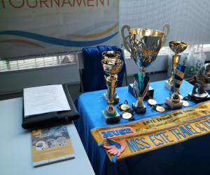 Many awards displayed on a table