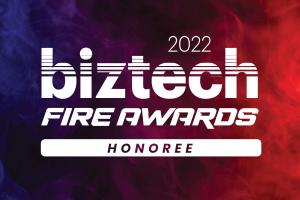 In white lettering against a dark blue and red background the image reads 2022 Biztech Fire Awards Honoree