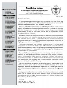 Open Letter to US Congressional Members From Rabbinical Union Opposing Respect for Marriage Act