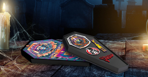 Toynk.com announces limited edition Svengoolie® 4-Piece Collector's Enamel Pin Set image shows 4 pins in a coffin-shaped box.