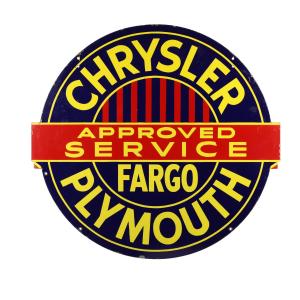 Chrysler Plymouth (“Approved Service / Fargo”) double-sided porcelain dealer sign, 44 ½ inches by 41 ½ inches (CA$29,500).