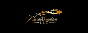 Diverse Dimensions Publishing logo design of shooting stars in black and gold