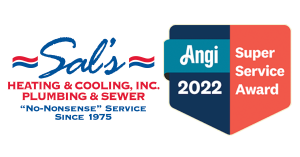The Sal's Heating & Cooling, Plumbing & Sewer logo alongside the Angi Super Service Award 2022 digital. Sal's logo is red, white, and blue. Angi's award is blue and pink with white text.