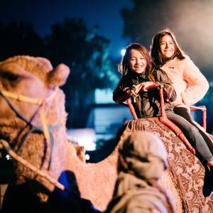 2 young girls riding a camel with a joyful smile.