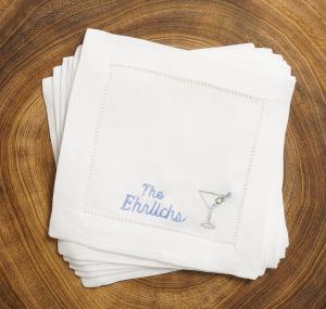 Personalized Embroidered Linen Martini Glass Cocktail Napkins