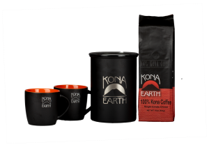 Kona Earth Airscape canister with coffee and mugs