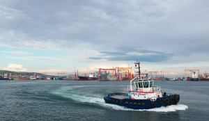 Zeetug All-Electric Tugboat in the harbour 