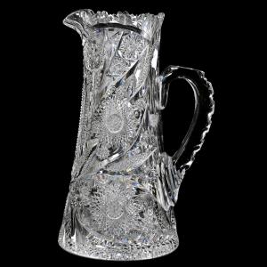 American Brilliant Cut Glass tankard signed Libbey in a rare, unidentified Anderson pattern, having a design of vesica, cane, nailhead diamond, hobstar, star and fan motif, a pattern cut handle and a hobstar base, sold in the Sept. 10 auction ($21,850).