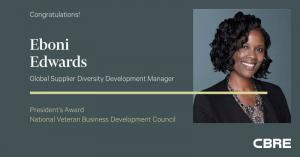 Eboni Edwards, Global Supplier Diversity Development Manager for CBRE, won NVBDC’s  “Presidents Award 2022”.