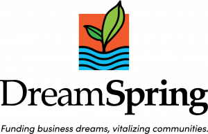 DreamSpring logo with green leafbud emerging from blue water against an orange background with the tagline "Funding Business Dreams, Vitalizing Communities."
