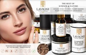 LaVigne Natural Skincare product photo showing best seller items, with a model and a picture of Tepezcohuite bark, featured in all products.