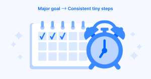 The image illustrates the idea of bite-sized approach to self-growth goals. The calendar shows that you need to make small efforts daily to succeed with your major ambitions.
