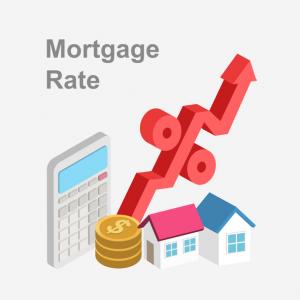 Vector of houses, coins, a calculator and an arrow indicating rate rises