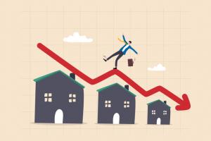 Vector of a man falling down a downward arrow over houses