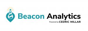 A logo depicting a lighthouse with a yellow beacon on the top, blue & black text that reads Beacon Analytics. Small black text underneath reads Powered by Cedric Millar