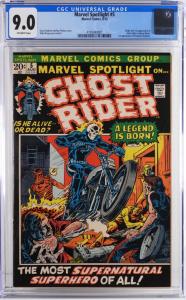 Copy of Marvel Comics Marvel Spotlight #5 (Aug. 1972), graded CGC 9.0, featuring the origin and first appearance of Ghost Rider and the first appearance of Roxanne Simpson (est. $3,000-$5,000).