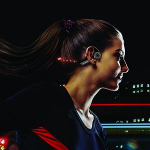 Dashlyte advanced bone conduction headset with Led light band in use