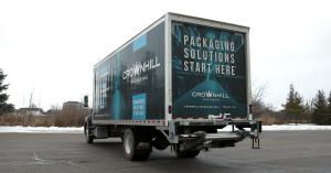 A rear view of Crownhill Packaging's new branded trucks showcasing their powerful tagline.