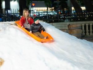 Dashing through the snow on a warm Hollywood evening at the Church of Scientology Celebrity Centre International.