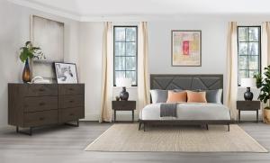 Embrace the striking beauty and elegance of our Marquis 4-piece bedroom set in smoke oak wood, grey faux leather frame, and black metal legs