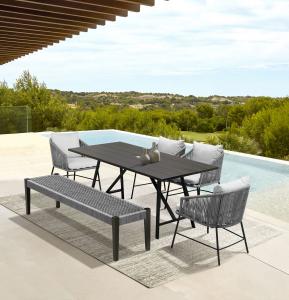 Create a fun entertaining oasis with the Frinton and Ditas Outdoor Dining Collection in Eucalyptus Wood and Metal with Grey Rope.