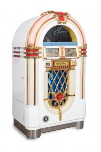 Limited edition ‘Elvis One More Time’ Wurlitzer jukebox with a nice white lacquered finish, having 50 compact discs and a computer memory with 1,200 songs (est. $5,000-$7,000).