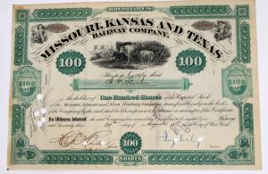 Missouri, Kansas & Texas Railway Company stock certificate for 100 shares, issued to S.F. Stanton on Aug. 24, 1880, signed by pres. Jay Gould, the famed “robber baron” (est. $210-$500).