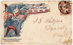 Civil War cover postmarked Clinton, Missouri, with a detailed vignette of a soldier and an American flag and a woman pointing to a Rebel camp and making a statement (est. $500-$300).
