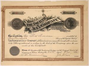 Rare Fourth of July (Mining) Company (Ruby City, Montana) stock certificate #221 issued to Thomas Donovan on Nov. 25, 1891, with a Morgan silver dollar vignette (est. $110-$500).