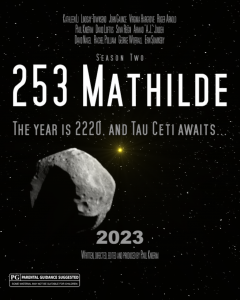 poster with asteroid, sun, 253 Mathilde text and cast names