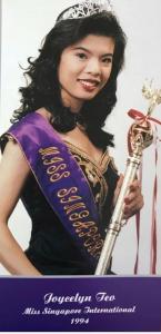 Photograph of Joycelyn Teo in her Miss Singapore regalia