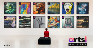 A picture of a woman sitting in front of the Artsi Gallery Exclusives Collection looking at a gallery wall of varied artwork created by artificial intelligence. The artwork varies from cubism to landscapes, oil paintings, photo realistic and abstracts.