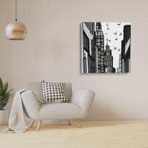 Black and white line art minimalist cityscape giclee print on stretched museum quality canvas.