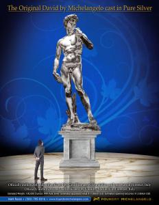 The David flyer by Treasure Investments Corp featuring a man next to the David mockup in pure silver, illustrating the scale of the sculpture 