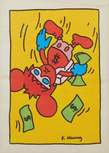 Untitled acrylic on paper from 1987 by Keith Haring (N.Y./Pa., 1958-1990), signed, 12 ½ inches by 8 ½ inches (est. $6,000-$9,000).