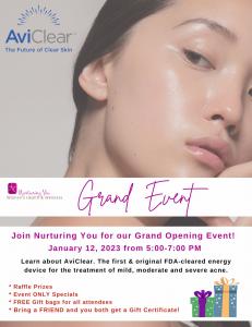 Flyer with details for the Nurturing You Women's Health & Wellness for the AviClear event.