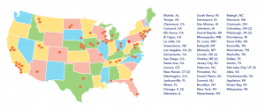 A colorful U.S. map filled with hearts marking Hello Neighbor Network member locations.