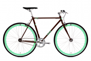 A photo of a bicycle with black body and mint green wheels and detailing,  including mint green WISEACRE and State logos. The bike is set against a plain white background.