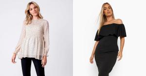 Two women wearing the Sarah Blouse and Kiara Off Shoulder Dress, both part of the newly launched Seven Women maternity collection