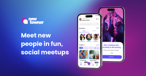 NewTowner App Image with two phones and NewTowner slogan: Meet new people in fun, social meetups
