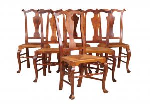 Coles-Tomlinson set of six Queen Anne maple rush seat dining chairs, attributed to William Savery, Philadelphia, circa 1750-1780.