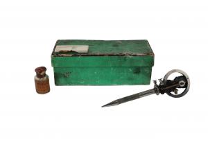Edison Electric Pen, No. 3497 on wheel, includes original box, wires, and stone sharpening tool.