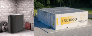 The Sun Company's TSC100 Flow Battery is pictured, a 4' tall rounded cylinder battery on a garage floor pictured by tires with a bike hanging on the garage wall. Next to this image, is another image of the TSC1000 Flow Battery, a large shipping container 