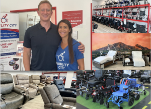 Collage photos of the Franchise Owners Adriane and Shane Power and pictured in there showroom are mobility scooters, wheelchairs, lift chairs, and hospital beds