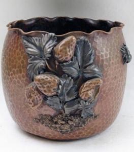 Gorham mixed metals Y50 sterling silver copper jardiniere vase with applied 3-D strawberry plant and spider, never polished, with original patina, 3 ½ inches tall (est. $2,500-$5,000).