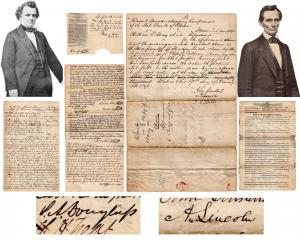 An amazing legal archive of eight documents totaling 34 pages from 1838, signed by two political giants, Abraham Lincoln and Stephen Douglas, 20 years before their famous Illinois Senate debates, should bring $18,000-$20,000.